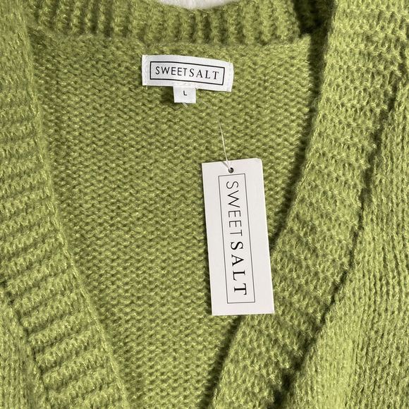 SweetSalt Women's Lg Avocado Green Cropped Chunky Knit Cardigan Boxy Brand New - Picture 3 of 7